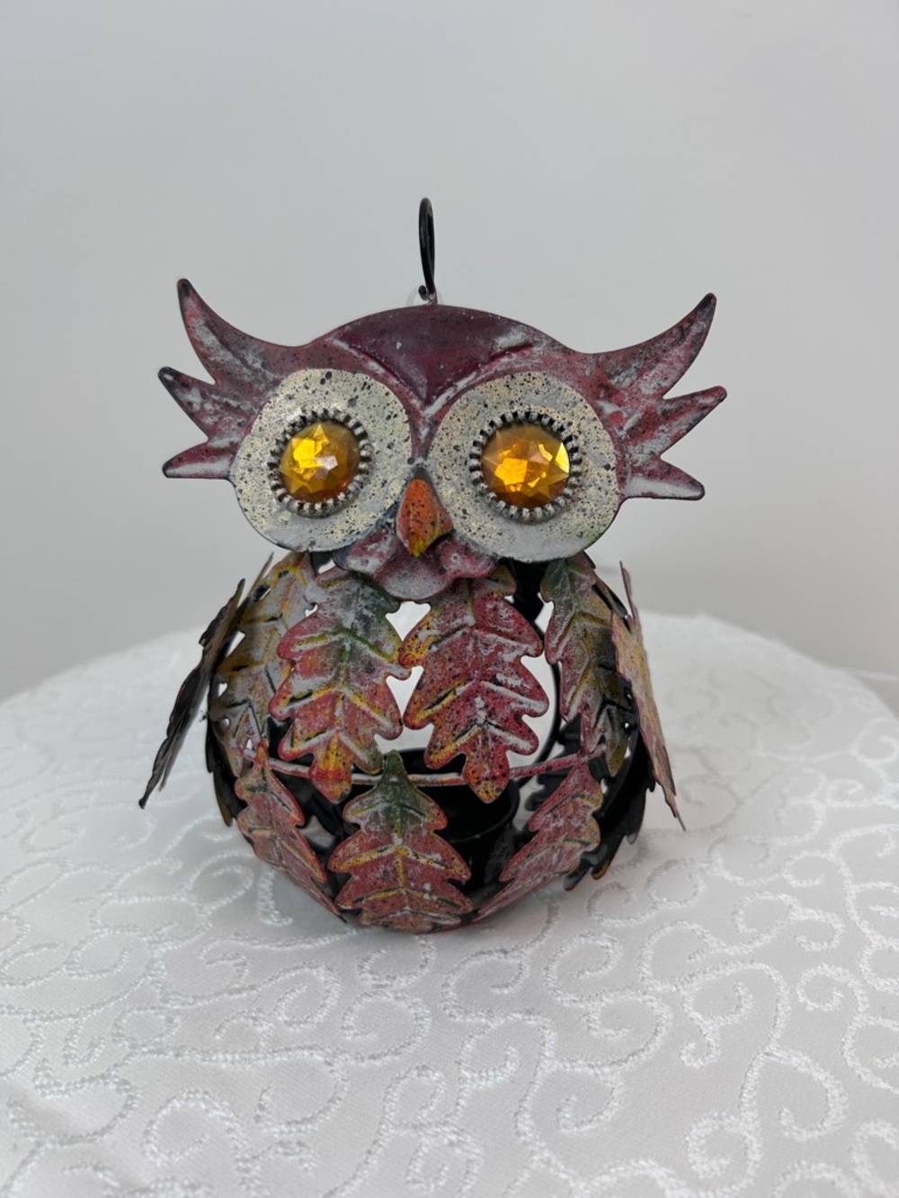 Decorative Metal Owl tealight in Rustic Red with Amber Eyes